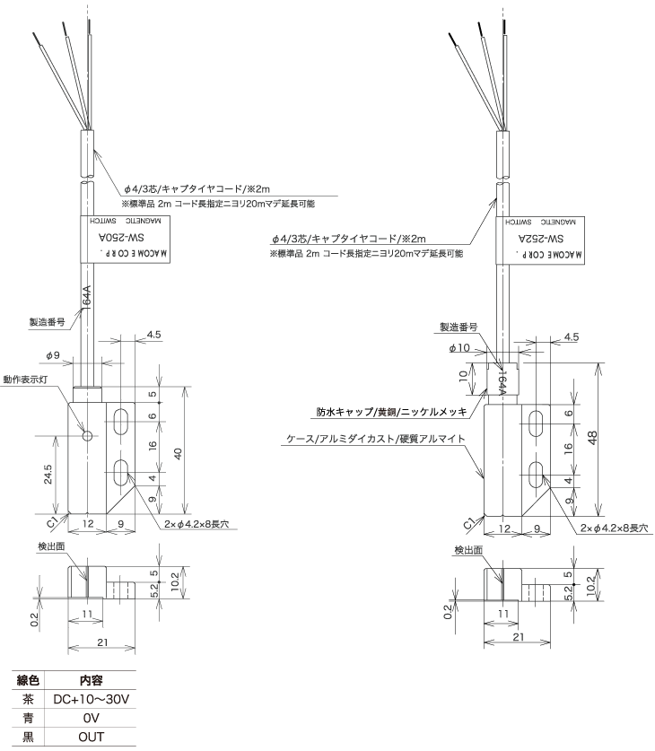 直流3線式磁気近接スイッチ（角ケースタイプ）『SW-250A』『SW-252A』 外形図